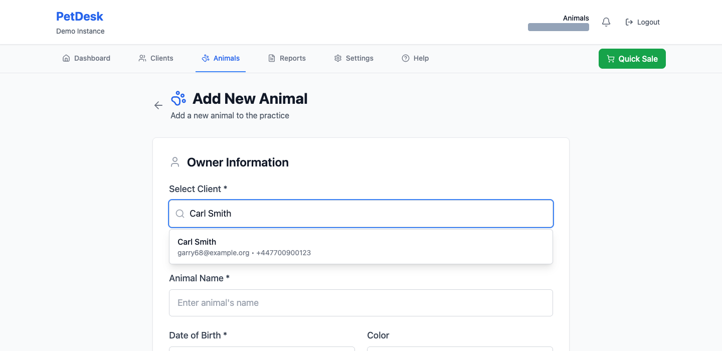 The Add New Animal form with a client search showing matching customers