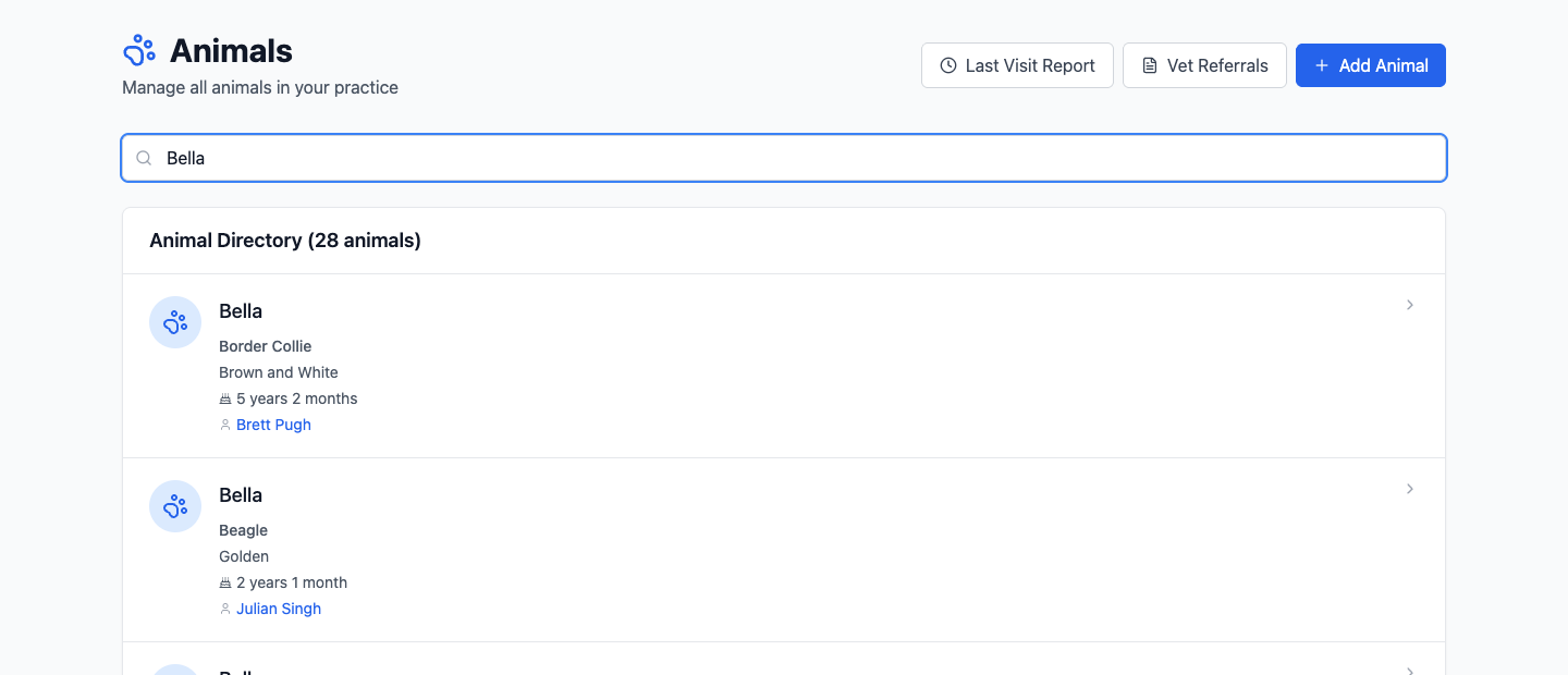 The Animals list filtered by a search for a pet's name
