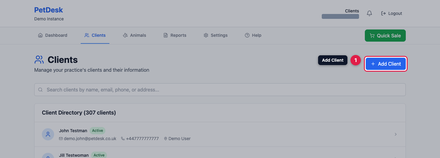The client directory with the Add Client button highlighted