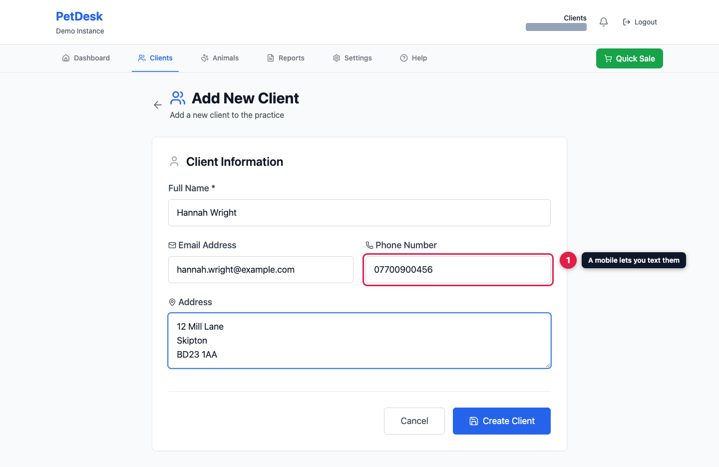 The Add New Client form filled in with name, email, phone and address