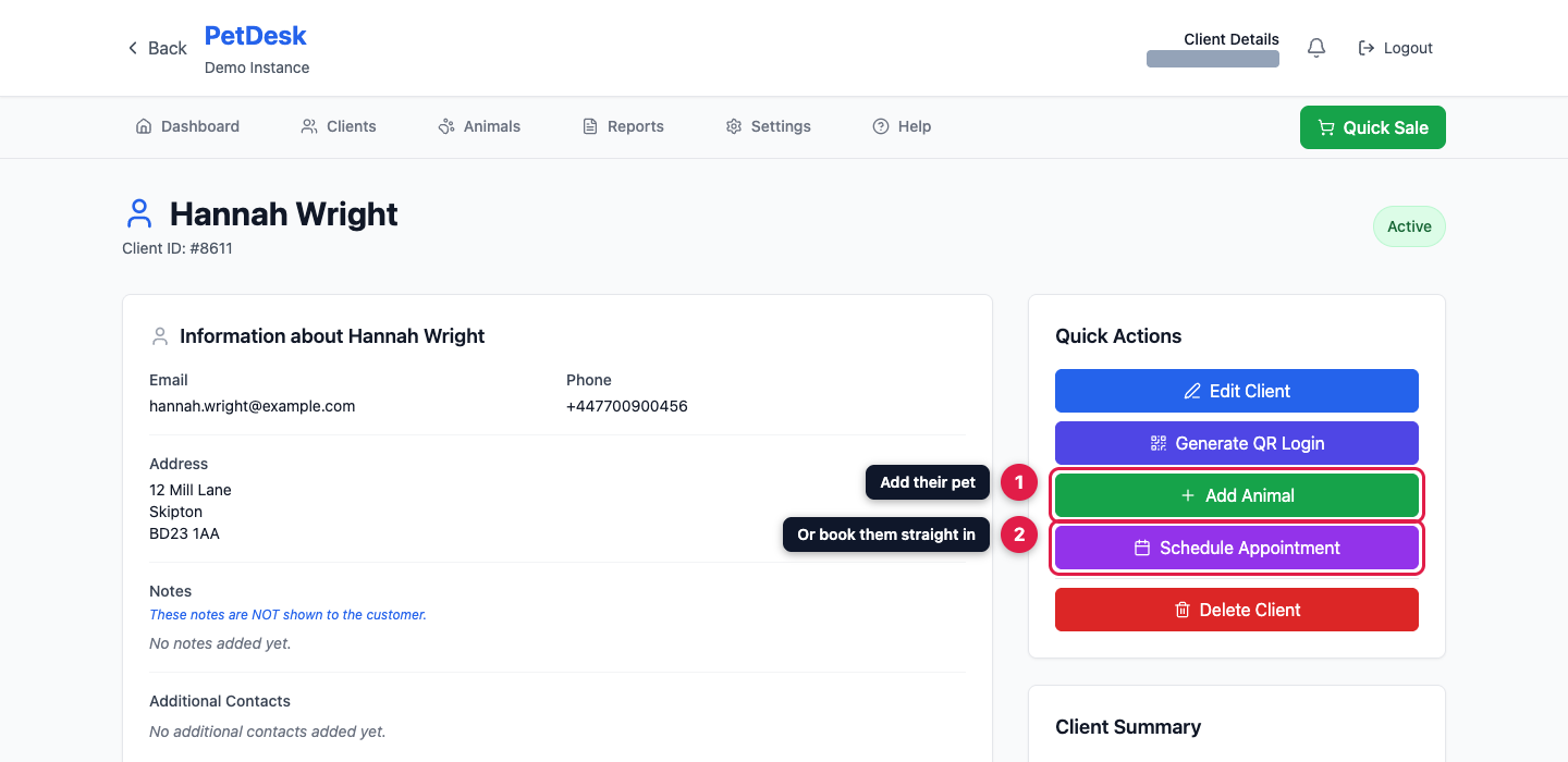 A newly created customer page showing the Add Animal and Schedule Appointment actions