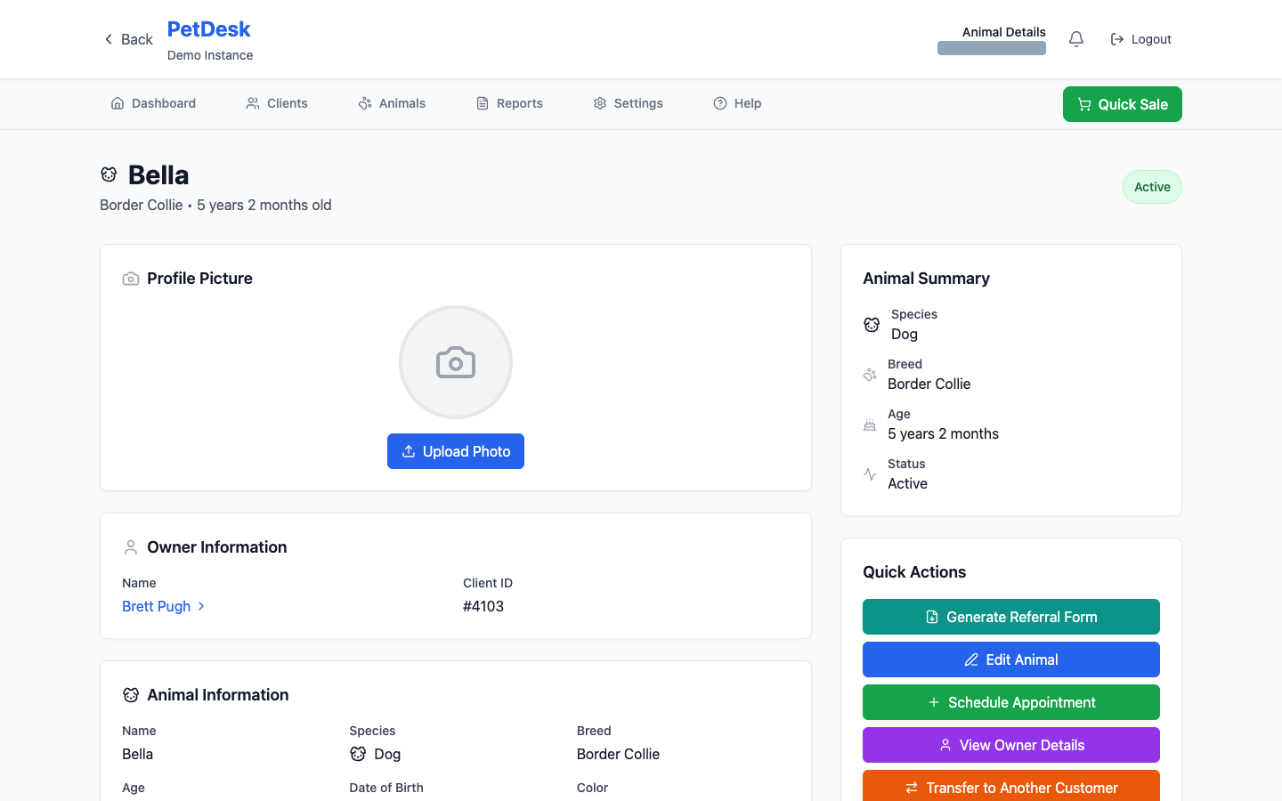 An animal record showing the profile picture, owner information, animal summary and quick action buttons