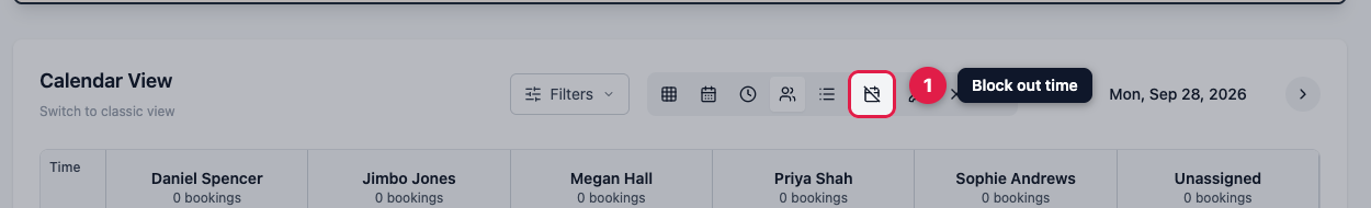 The diary toolbar with the Block out time button highlighted, to the right of the calendar, week, day, staff and list view buttons