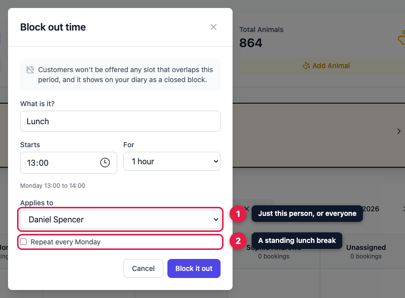 The Block out time window filled in with Lunch at 13:00 for one hour, applying to Daniel Spencer, with the Applies to and Repeat every Monday options highlighted