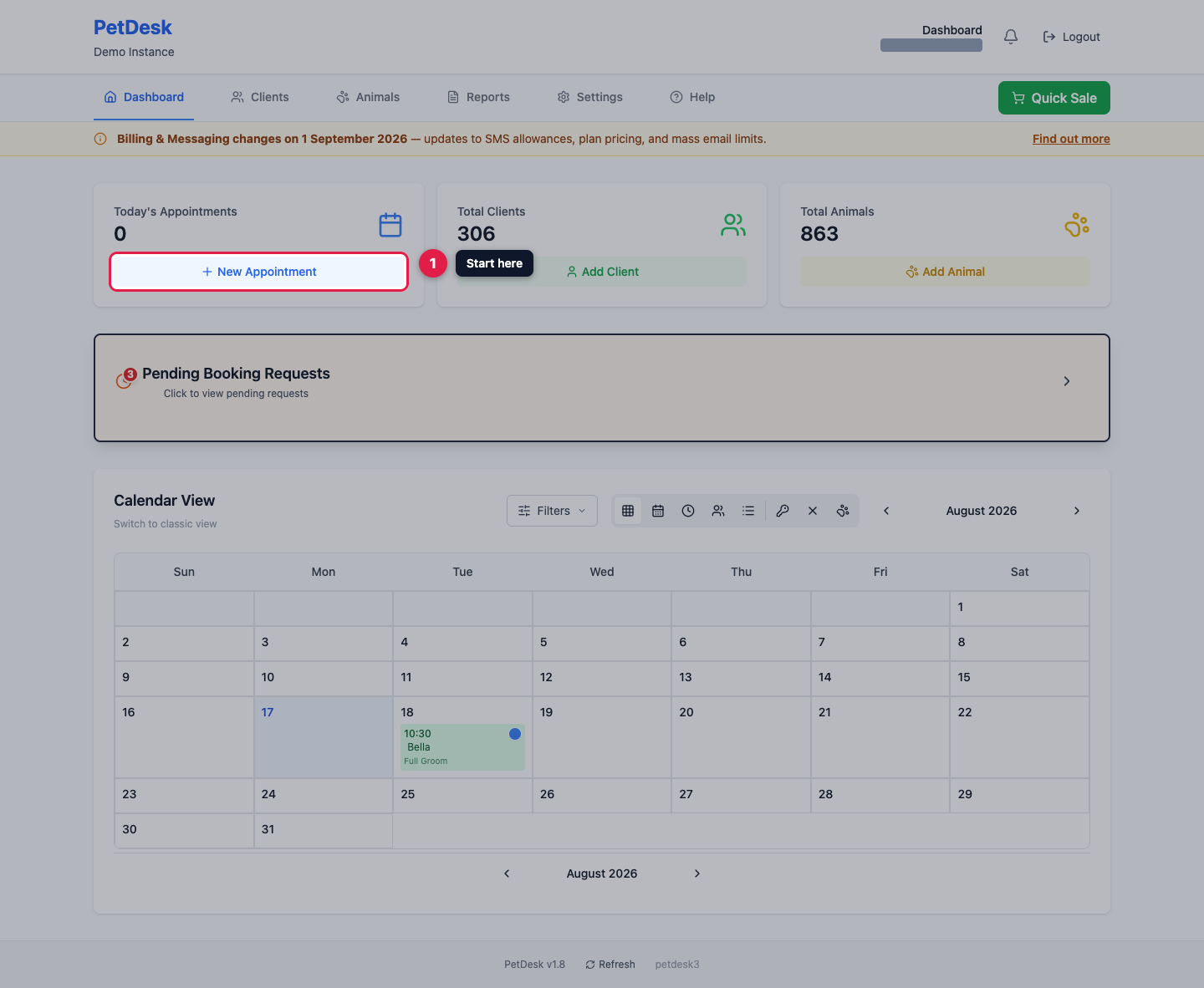 The PetDesk dashboard with the New Appointment button highlighted