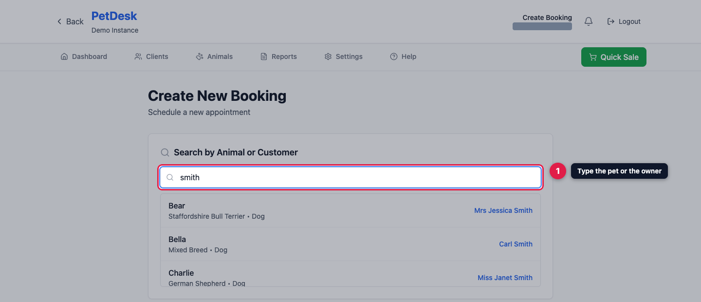 Searching for a customer, showing matching pets and their owners