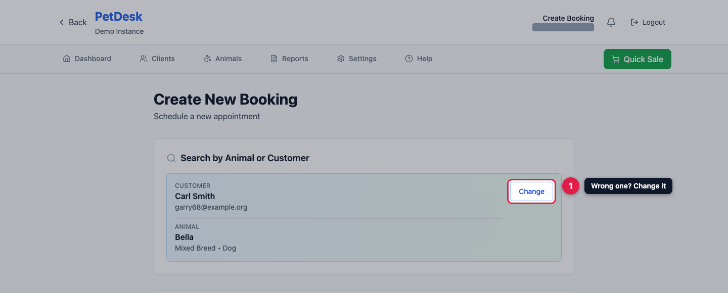 The confirmed customer and animal, with the Change button highlighted