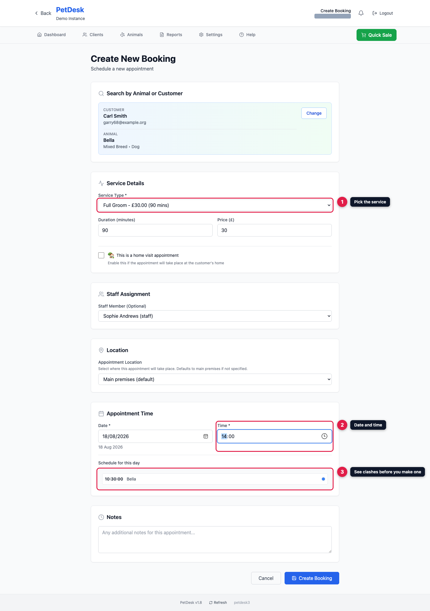 The booking form with service, staff, time and the day's existing schedule highlighted