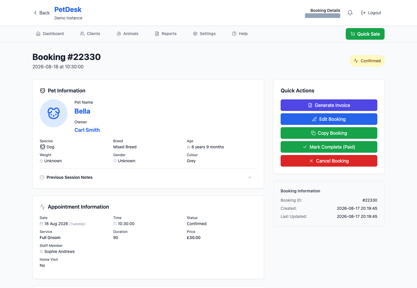 The completed booking showing pet details, appointment information and quick actions
