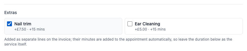 An Extras section on the booking form with Nail trim ticked showing plus seven pounds fifty and fifteen minutes, and Ear Cleaning unticked