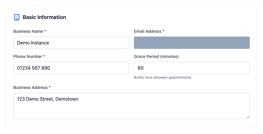 The Basic Information panel with business name, email address, phone number, grace period and business address