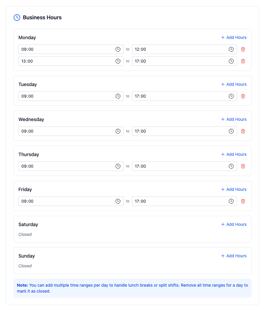 The Business Hours panel with opening and closing times for each day, Monday showing a morning and an afternoon range