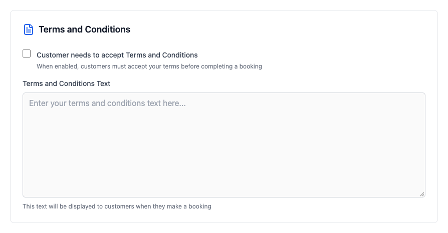 The Terms and Conditions panel with the enable switch and the terms text box