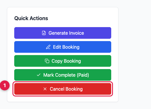 The Quick Actions panel on a booking, with Cancel Booking highlighted at the bottom in red
