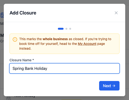 The first step of the Add Closure window, asking for a name