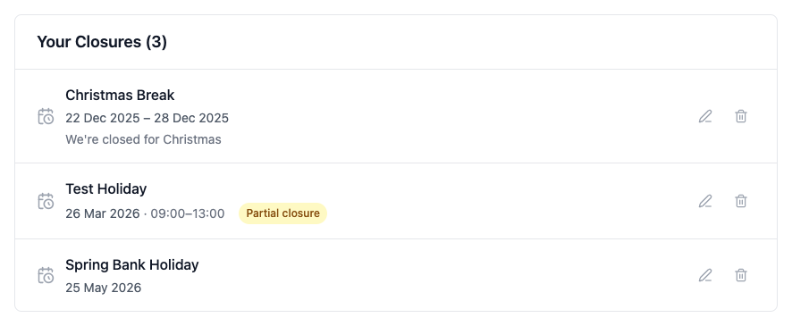 The closures list showing the newly added closure