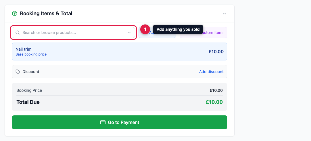 The Booking Items and Total panel showing the booked service and price