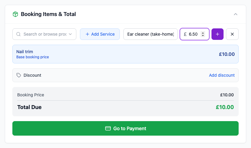 Adding a custom item with a name and price to a booking