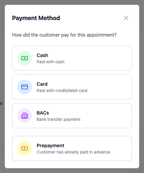 The payment method options: cash, card, BACs and prepayment