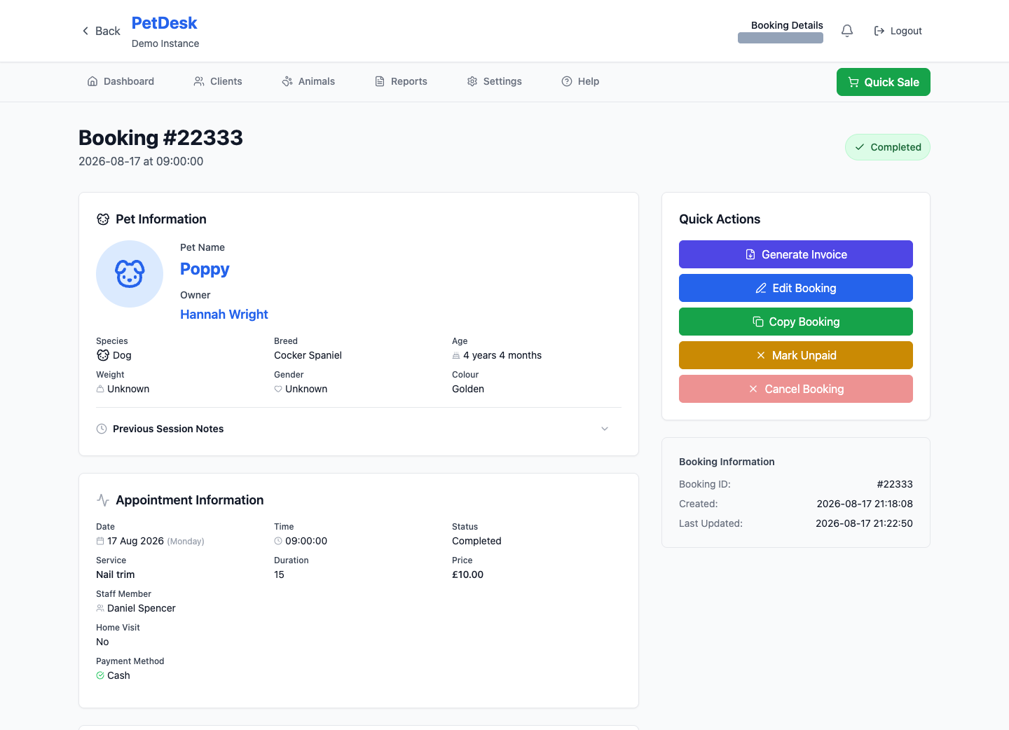 A completed booking showing the recorded payment method
