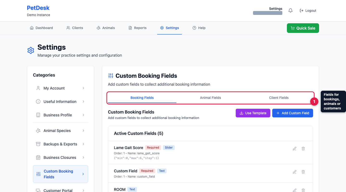 The Custom Booking Fields page showing tabs for booking, animal and client fields