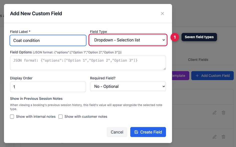 The Add New Custom Field window showing the label, field type and options