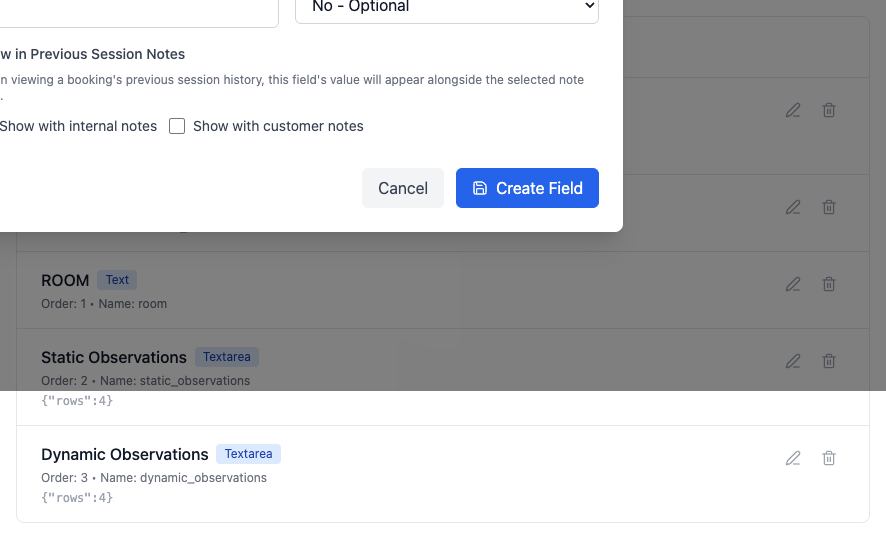 The list of active custom fields