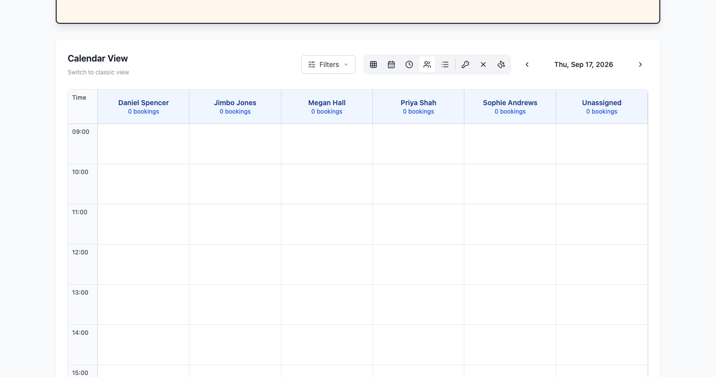 The diary in Staff view with a column for each staff member