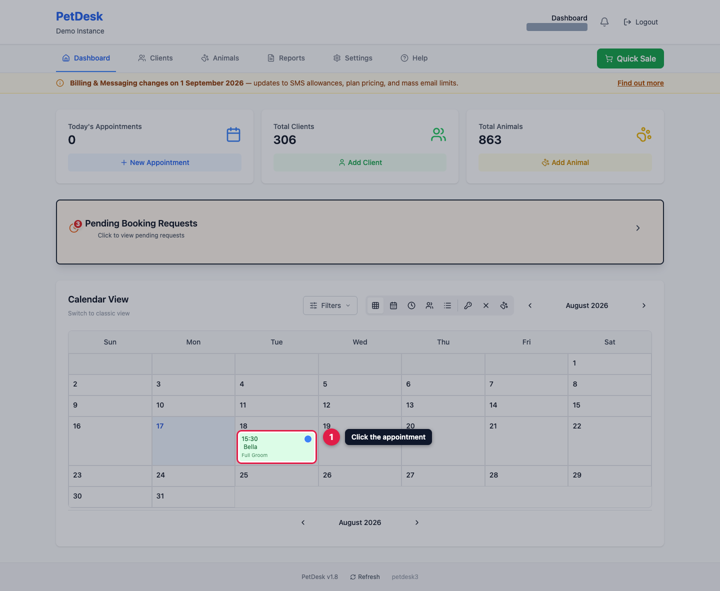 The dashboard calendar with an appointment highlighted
