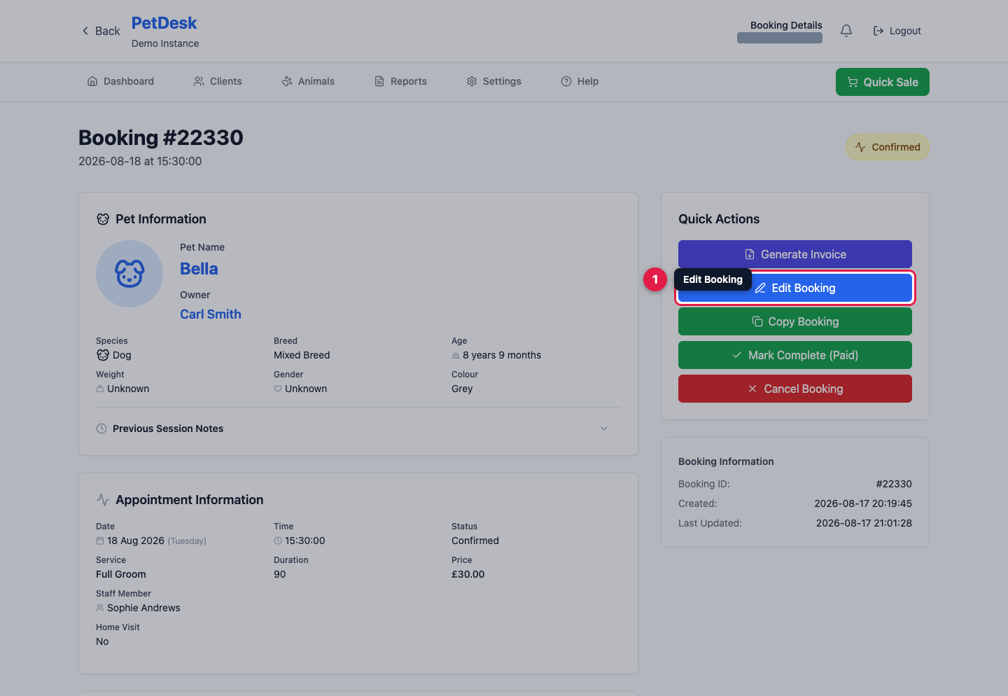 A booking with the Edit Booking button highlighted in Quick Actions