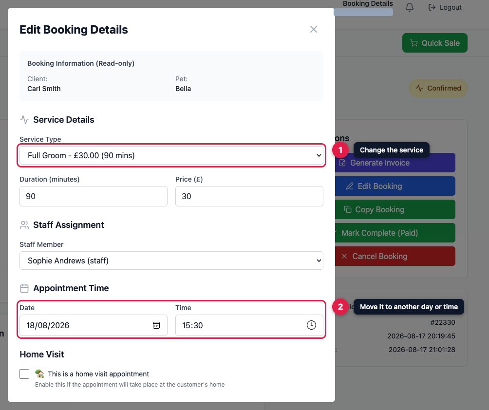 The Edit Booking Details window showing service, staff and appointment time fields