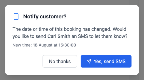 A prompt asking whether to notify the customer of the new appointment time