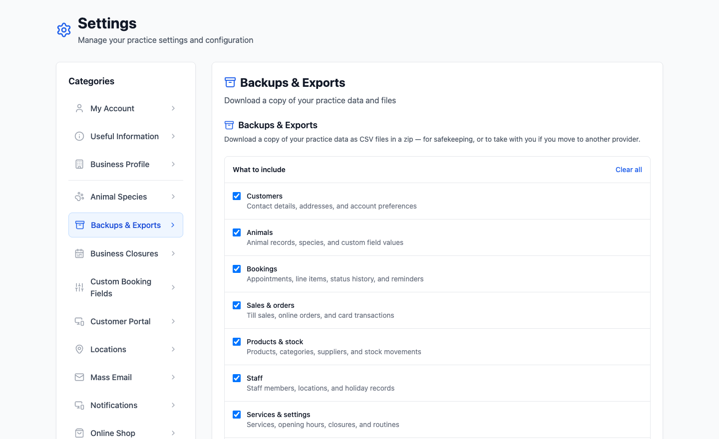 The Backups and Exports settings page with tick boxes for customers, animals, bookings, sales and orders, products and stock, staff, and services and settings
