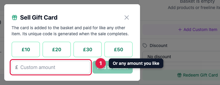 The Sell Gift Card window with quick amounts and a custom amount box