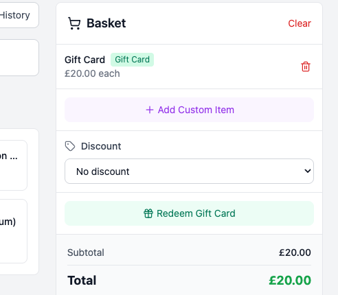 A gift card in the basket, marked with a Gift Card badge