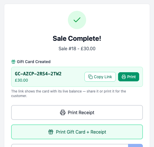 The completed sale showing the new gift card code with Copy Link and Print