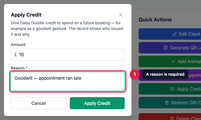 Giving a customer credit, with a required reason
