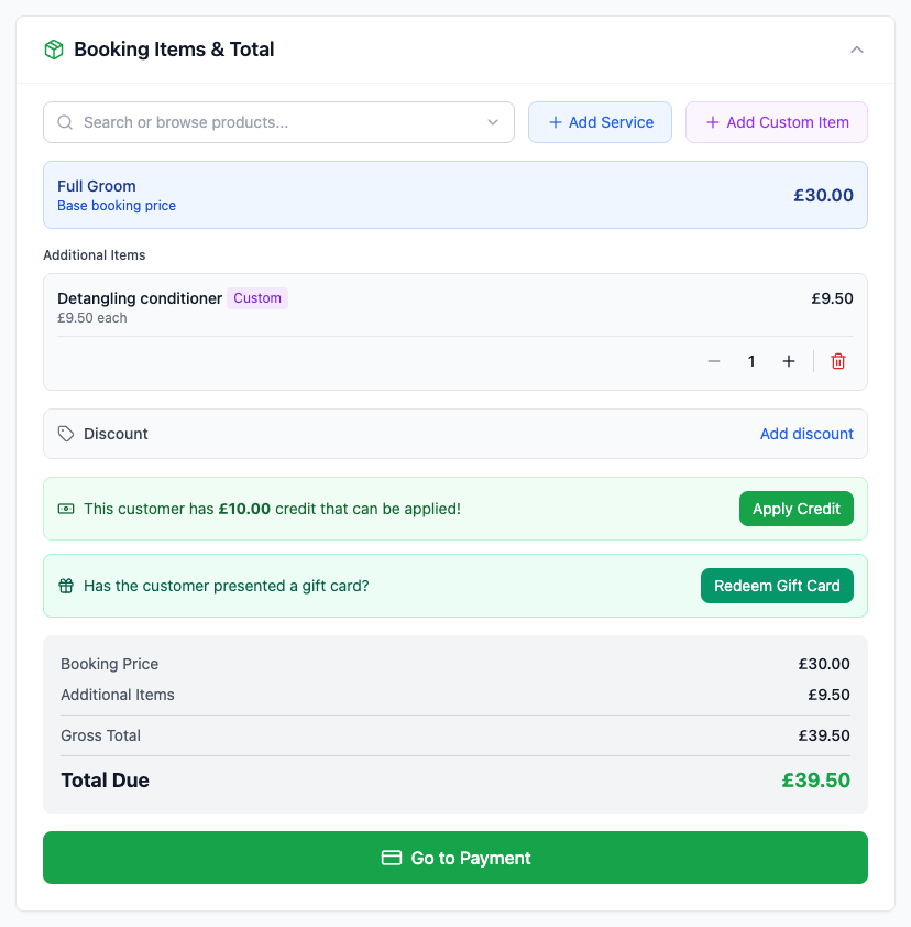 A booking showing the credit banner and the gift card prompt