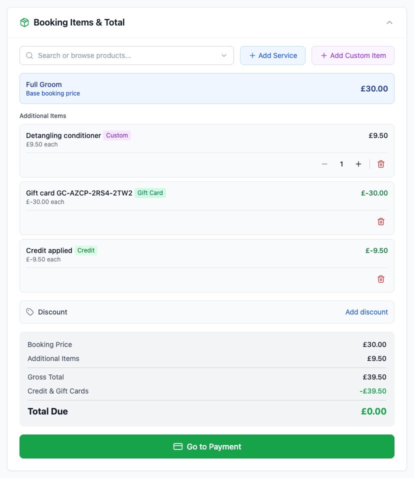 A booking total showing a gift card and credit applied, leaving nothing to pay