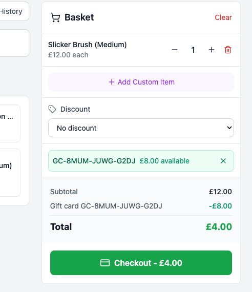 A sale part-paid by gift card, with the remainder still to pay