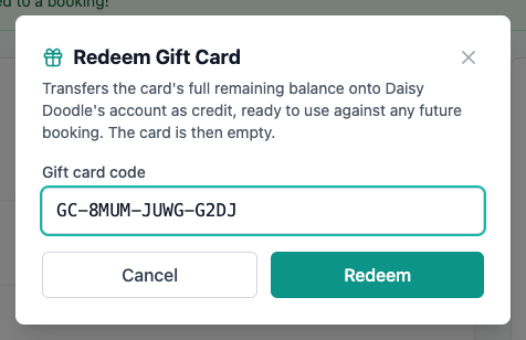 Transferring a gift card balance onto a customer's account