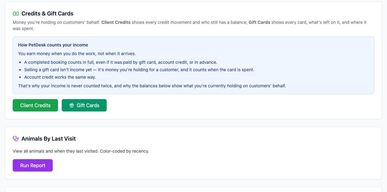 The Credits and Gift Cards reports with the income explanation
