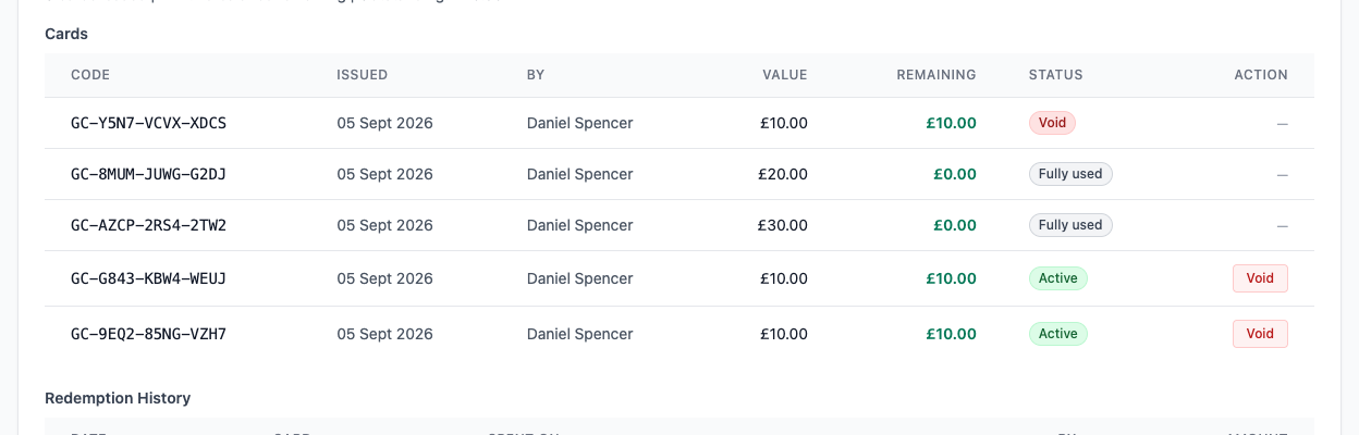 The gift card list showing active, fully used and voided cards