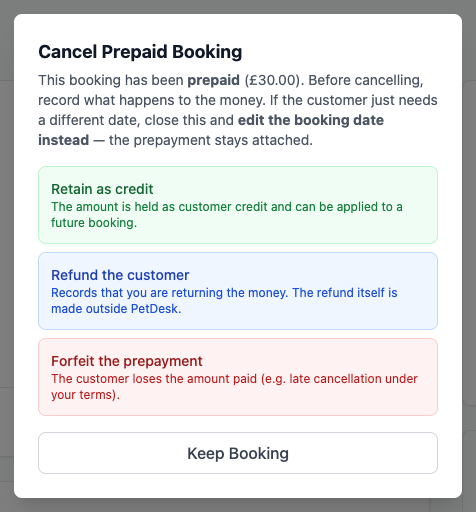 Choosing what happens to a prepayment when cancelling