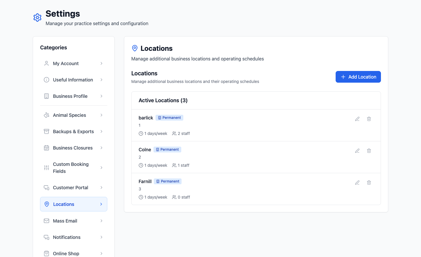 The Locations settings page listing active locations with their type, days per week and staff count