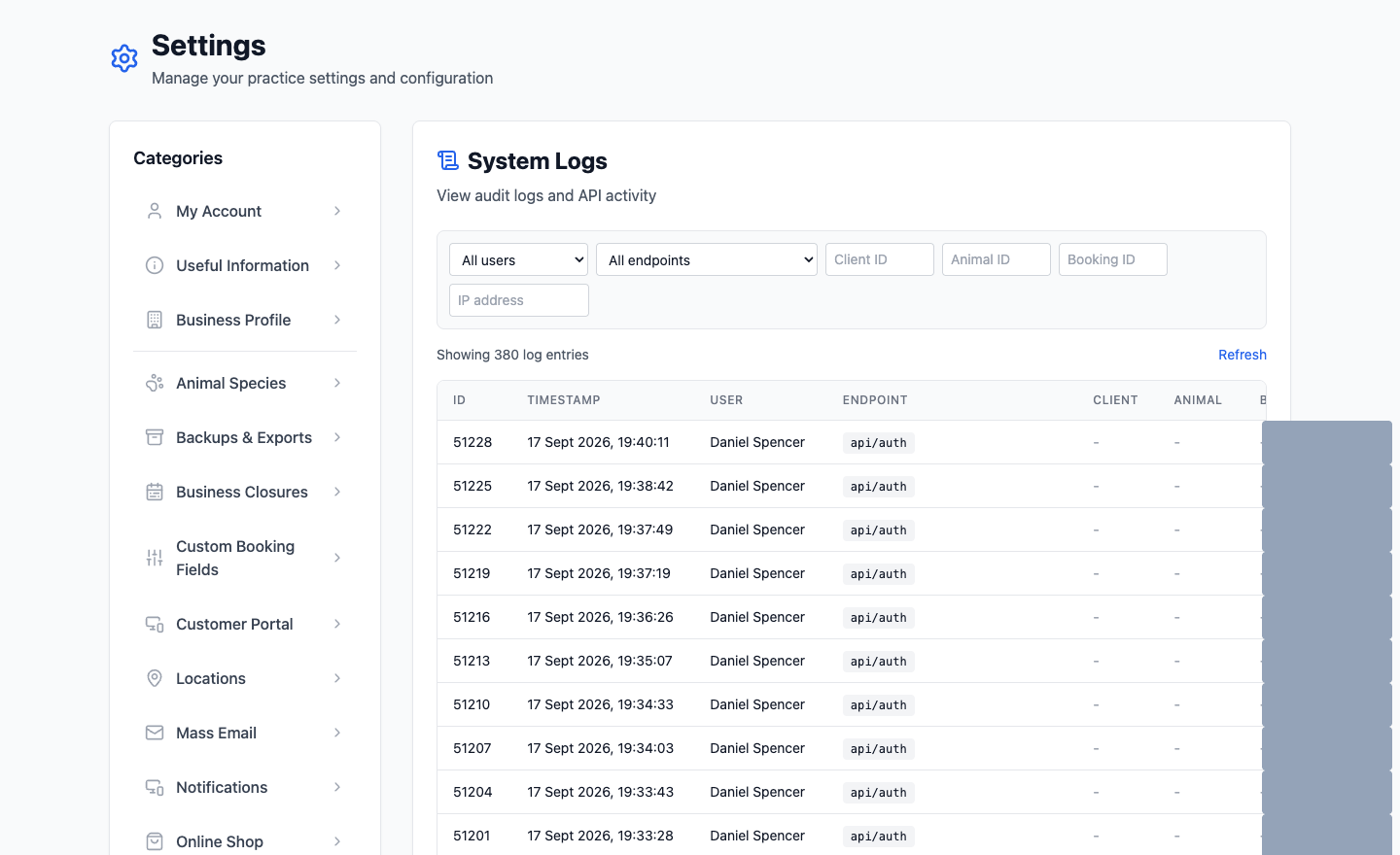 The System Logs page with filters across the top and a table of entries showing timestamp, user and endpoint