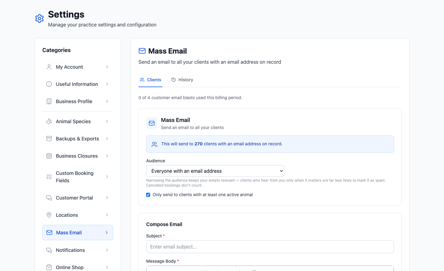 The Mass Email settings page showing the allowance used, audience selector, recipient count and the compose fields