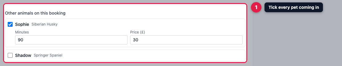 The Other animals on this booking section with Sophie ticked, showing her own minutes and price boxes, and Shadow left unticked
