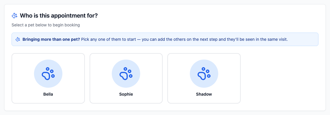 The customer portal asking who is this appointment for, with a highlighted note reading bringing more than one pet, pick any one of them to start, and cards for Bella, Sophie and Shadow