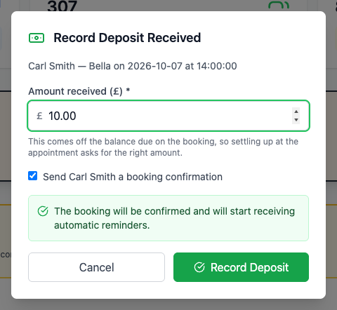 A Record Deposit Received window with an amount of ten pounds, a tick box to send the customer a booking confirmation, and a note that the booking will be confirmed and start receiving automatic reminders